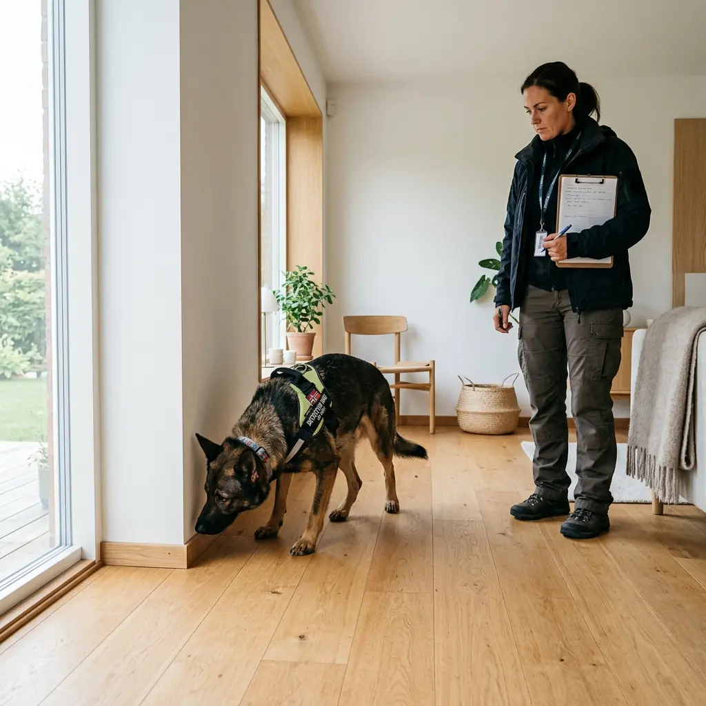 Koulutettu homekoira tutkii sisätiloja ammattitaitoisen ohjaajan kanssa
